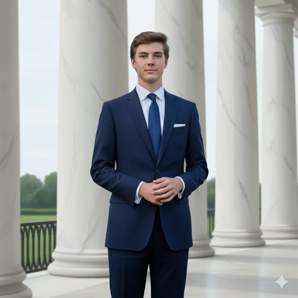 Barron Trump standing tall at 6 feet 7 inches (201 cm), American public figure and son of Donald and Melania Trump, dressed in a formal suit with confident posture.